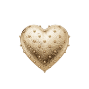 Gold heart-shaped decorative item with raised textures on a light gray background